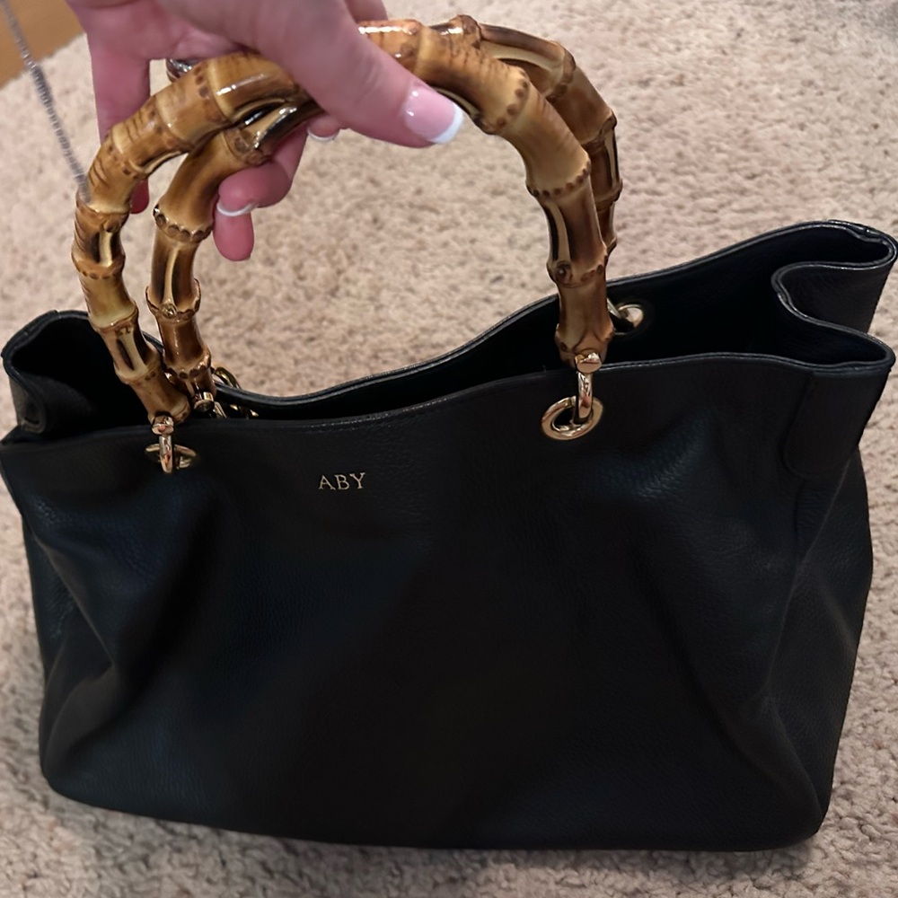 Black Leather Tote Bag with Bamboo Handles